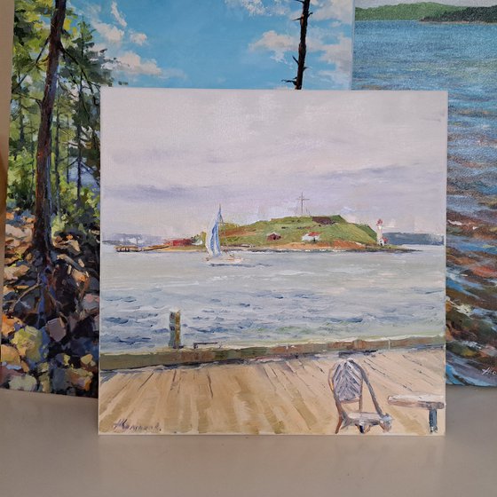 The view of St. George's Island, Halifax harbour, plein air (14x14x0.7'')