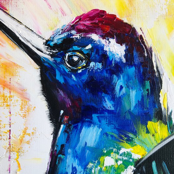 ENERGY COLOR - Exotic bird. Fabulous bird. Abstract bird. Gorgeous hummingbird. Paradise hummingbird. Flight. Magic. Dreams. Multi-colored. Close-up.