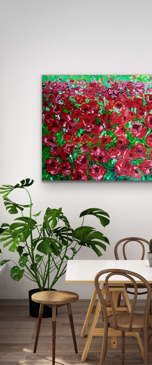 FIELD OF RED ROSES, MEADOW OF FLOWERS, large size painting office home decor gift by Olga Koval