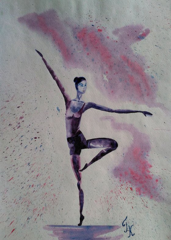 dancer original purple monochrome watercolor paintig " Dancing soul"