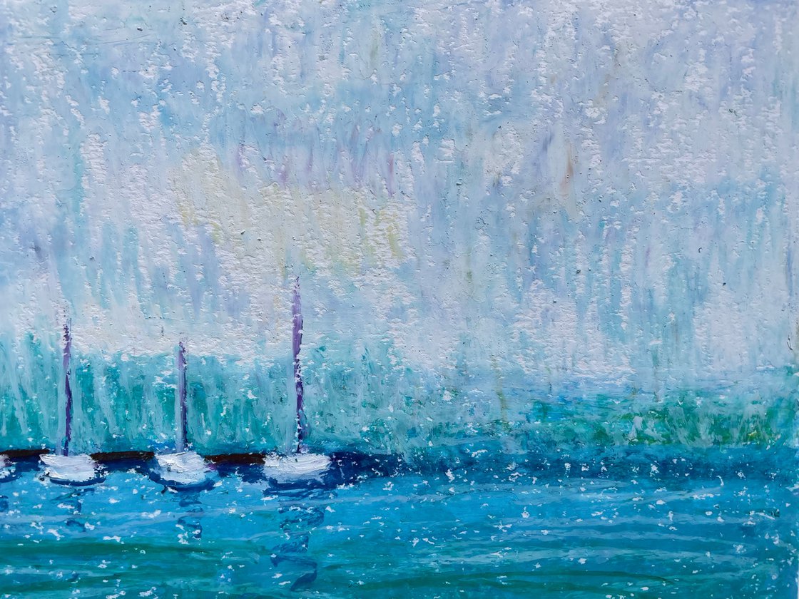 Sea Original Painting, Boats Oil Pastel Drawing, Greece Seascape Art, Blue Home  Decor Pastel drawing by Kate Grishakova