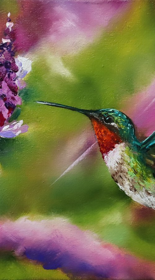 Ruby Throated Hummingbird, Bird and Purple flowers by Natalia Shaykina