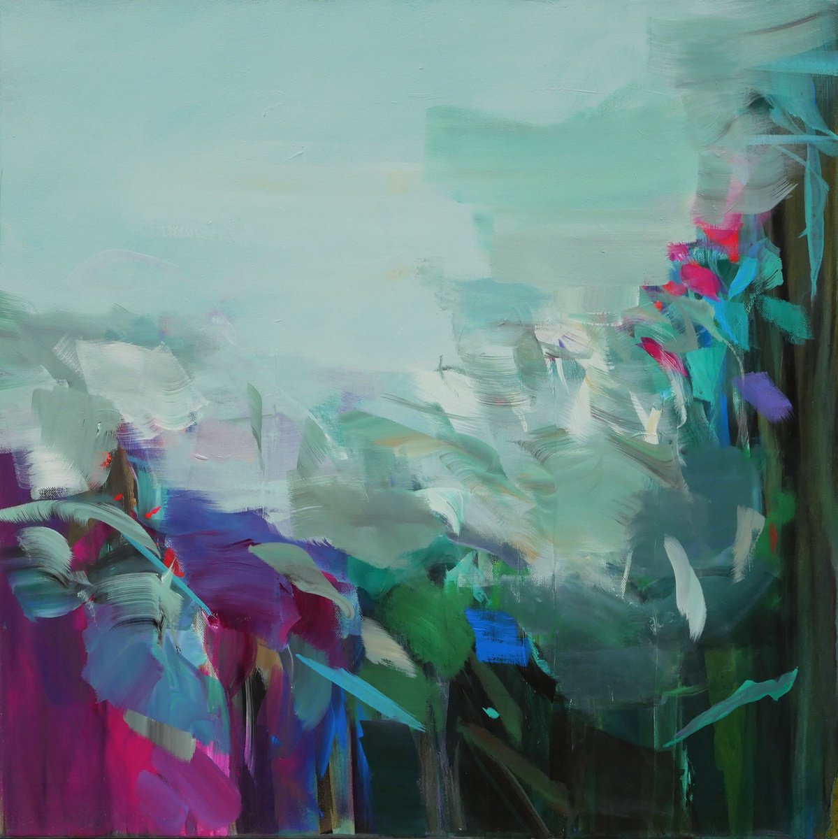 Abstract Botanical Acrylic Painting By Ute Laum, 31 X 31", Summer Bloomers, Original Artwork