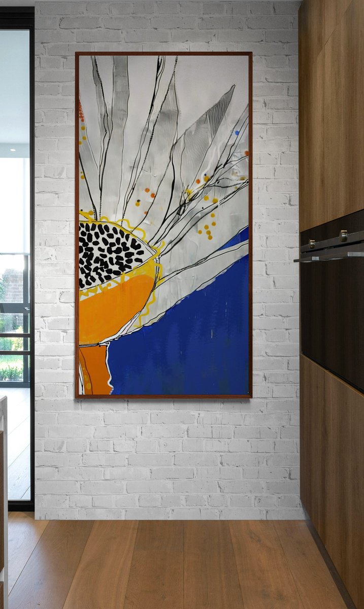 Abstract Acrylic Painting By V+V Kniazievi, 30 X 59", Flowers Of The Sun #7, Original Artwork