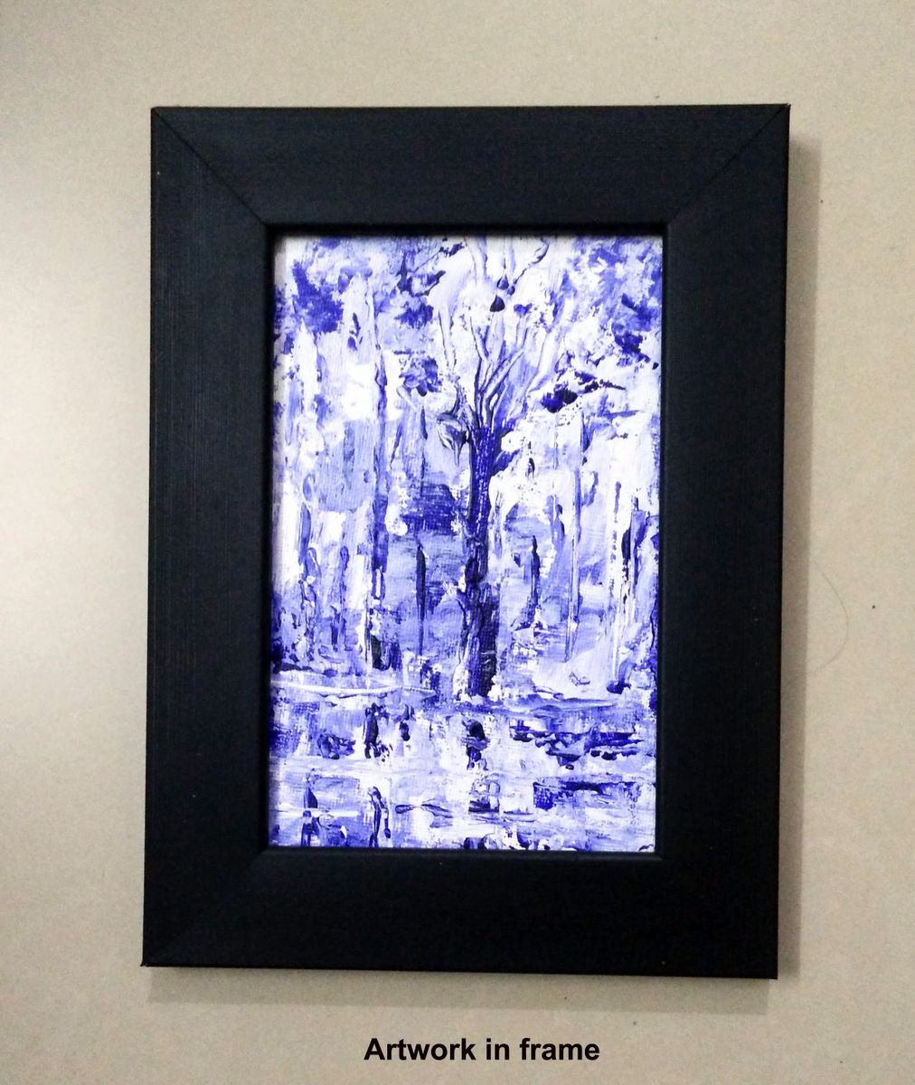 Miniature Winter Fir trees Framed Landscape painting 6x 4 by Asha Shenoy