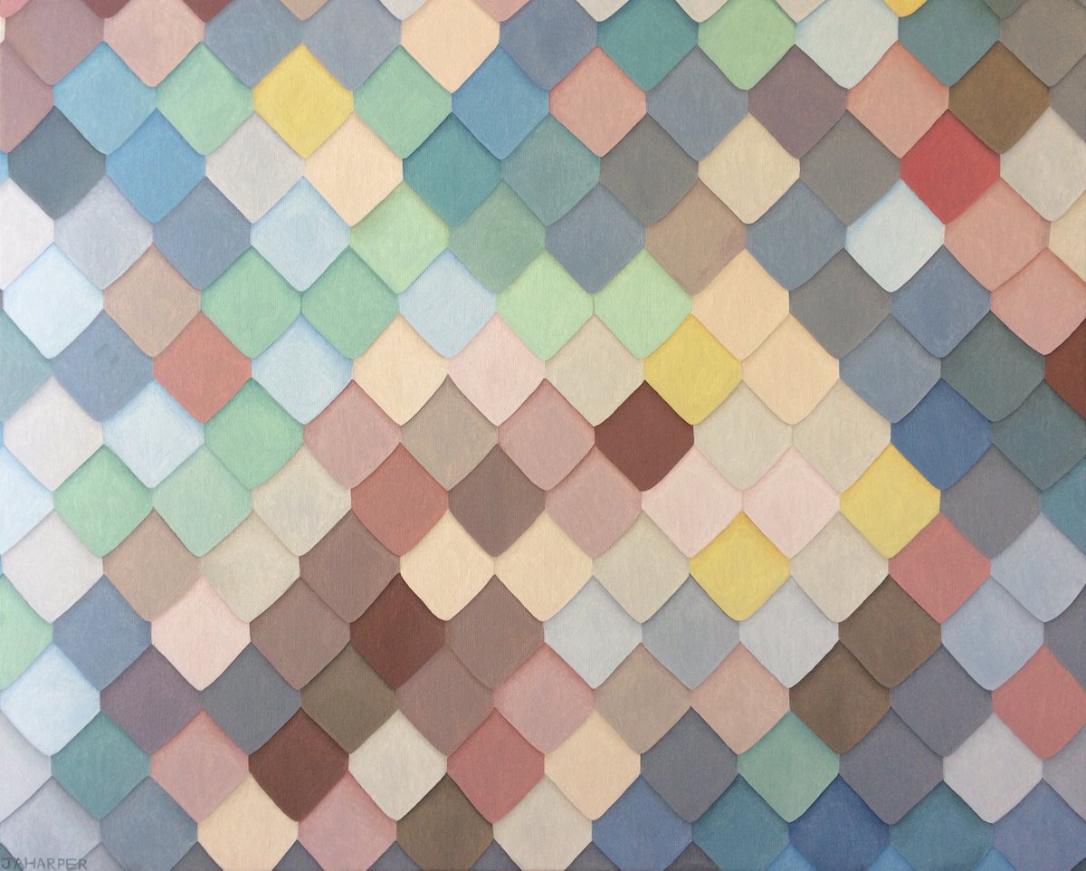 Geometric Abstract Oil Painting By Jill Ann Harper, 30 X 24, Tiles, Original Artwork