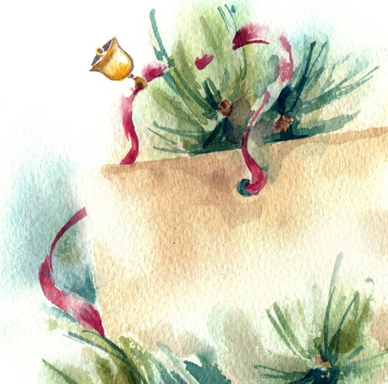 "New year card with sprigs of spruce" original watercolor artwork small format