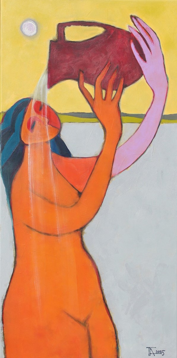 Expressive Portrait Acrylic Painting By Tatjana Auschew, 20 X 39", Morning., Original Artwork