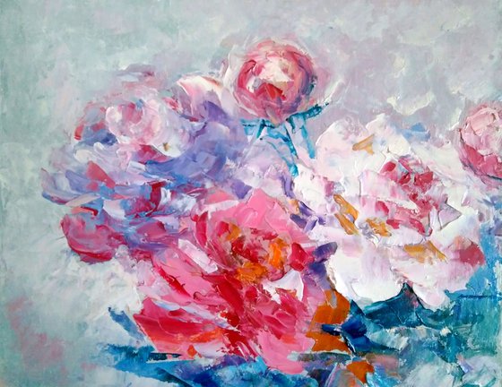 Peonies Painting Original Art Pink Floral Artwork Abstract Small Flower Wall Art