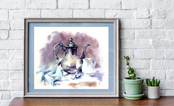 Modern still life "Tea drinking with flowers" original watercolor sketch