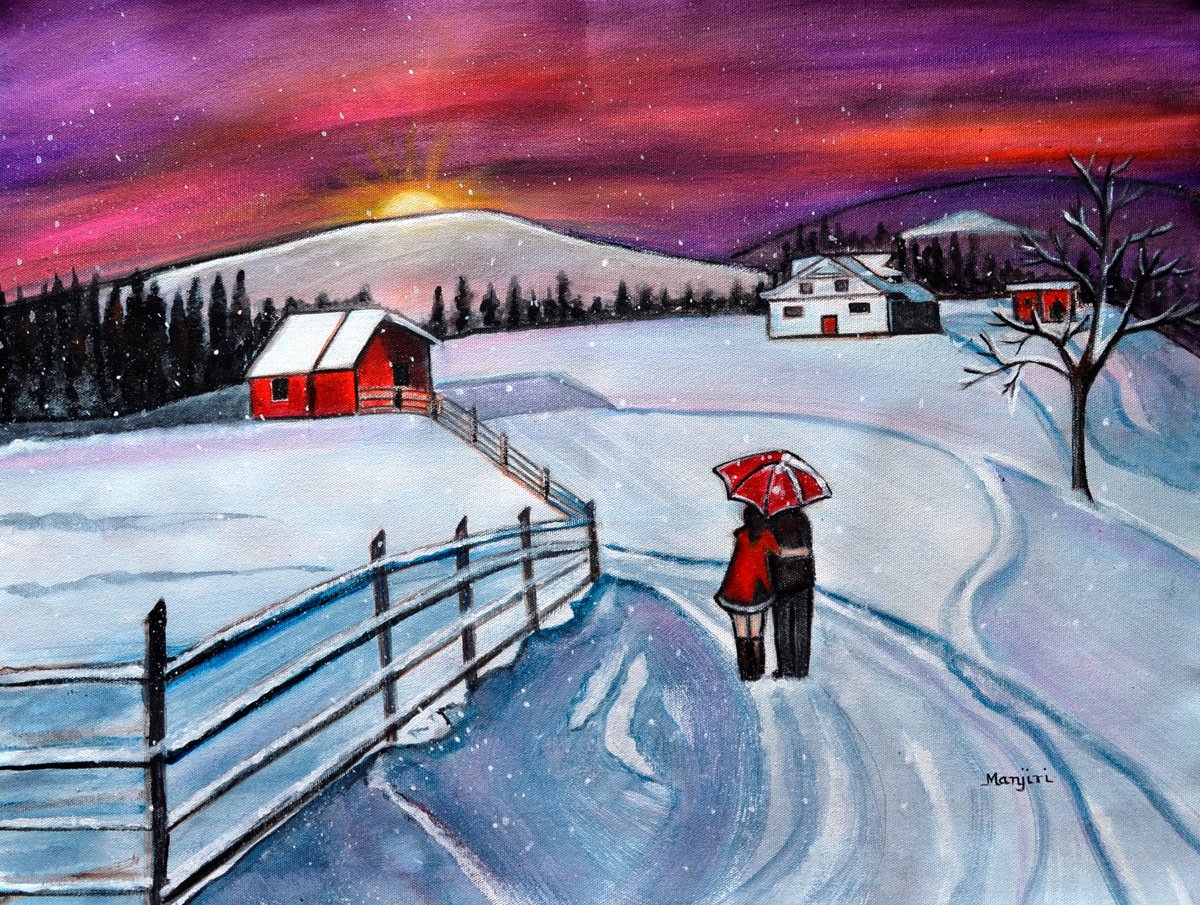 Christmas Romance in the snow acrylic winter painting by Manjiri Kanvinde