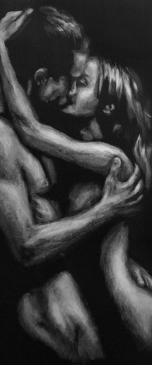 Kisses Erotic Art Couple Naked Man and Woman Black and Silver Decor by Anastasia Art Line