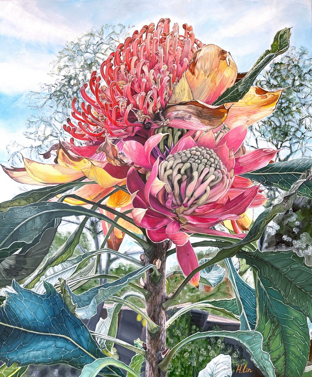 Photorealistic Botanical Acrylic Painting By Hsin Lin, 30 X 36, A Lifetime Fortitude, Original Artwork