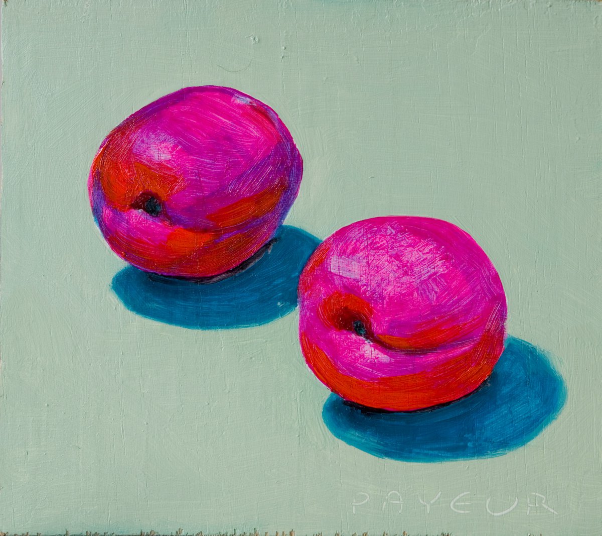 gift for food lovers: modern still life of pop pink apricots on green background by Olivier Payeur