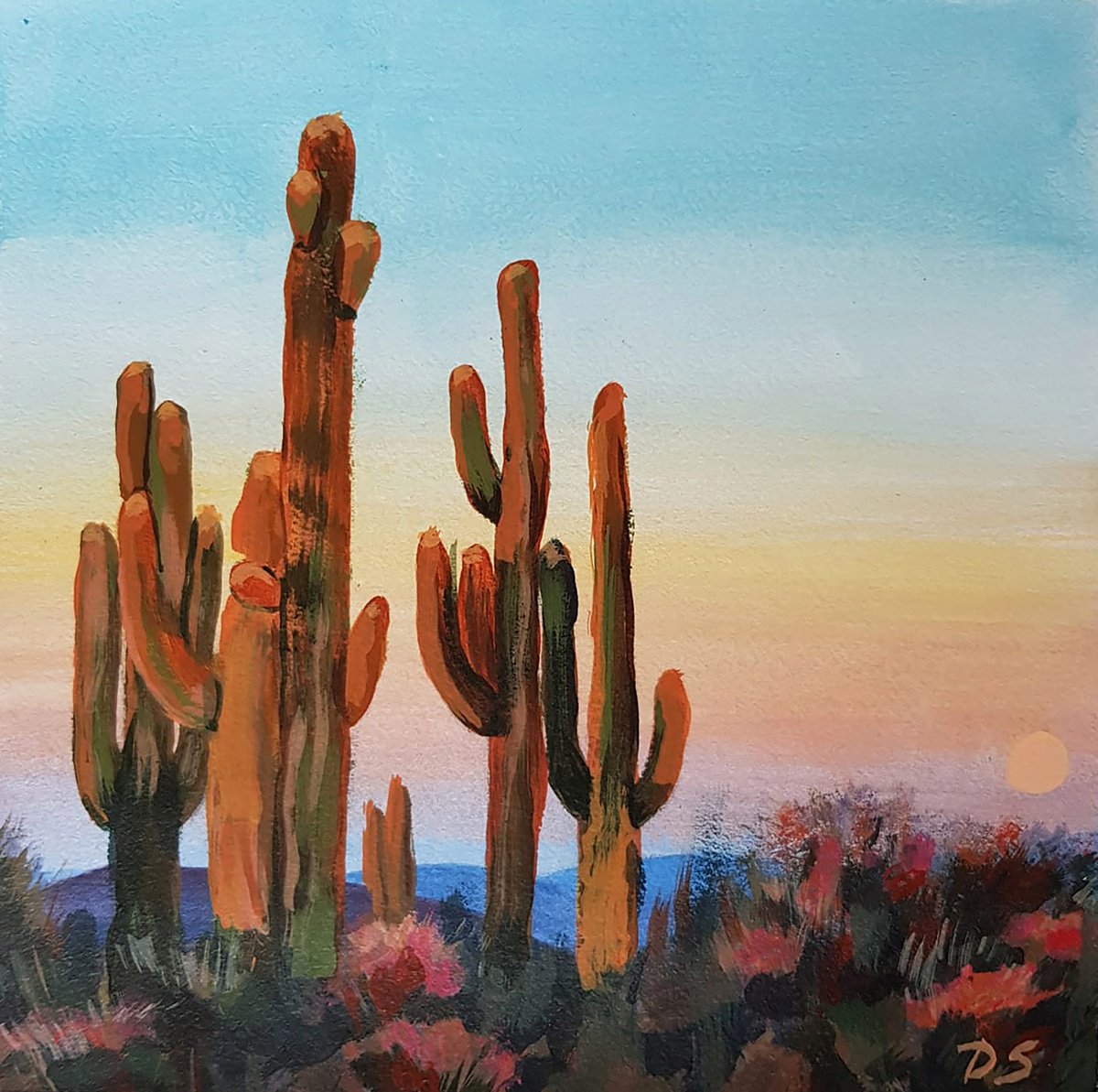 Impressionistic Landscape Acrylic Painting By Daria Startseva, 9 X 9, Desert Cacti, Original Artwork