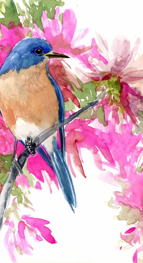 Bluebird and Pink Flowers by Suren Nersisyan