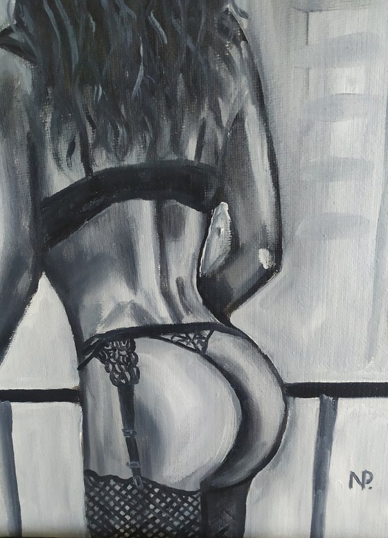 Girl in a big city, original nude erotic gestural black and white nude oil painting