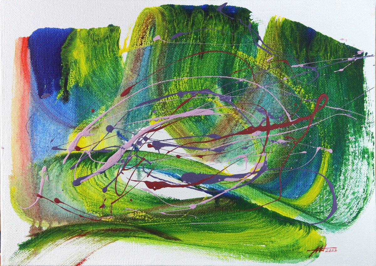 Organic Abstract Acrylic Painting By Anatoliy Menkiv, 22 X 16, Green Crown, Original Artwork