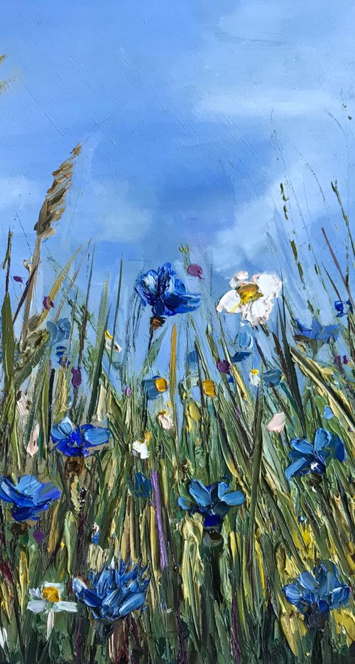 Floral Field Impasto painting Framed 21x27cm by Leysan Khasanova