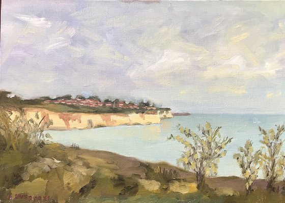 Chalk cliffs at Pegwell Bay, an oil painting.