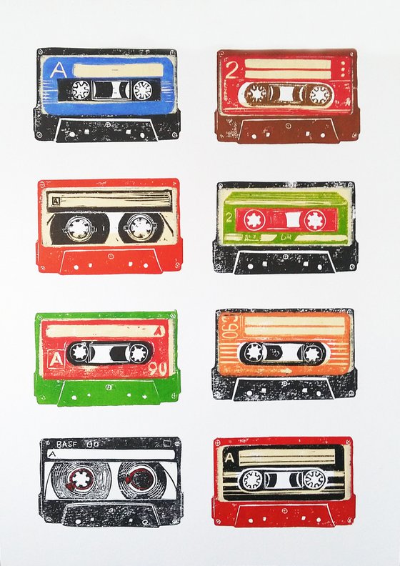 Linocut tapes #39 (cassette tapes, retro music, 70's, 80's rock culture)