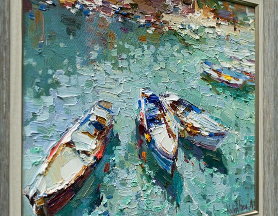 Moored rowing boats - Original oil seascape painting