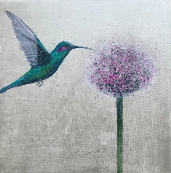 Hummingbird and Allium ~ on silver