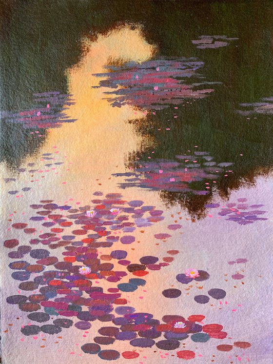 Sunset glow on lily pond! A3 size Painting on Indian handmade paper