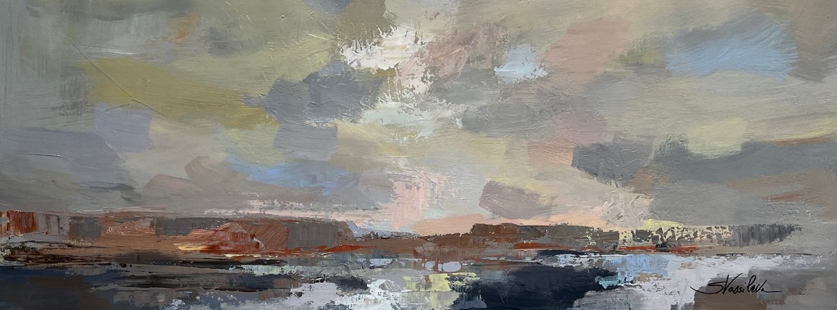 Expressive Landscape Acrylic Painting By Silvia Vassileva, 32 X 12", Morning Glow I, Original Artwork