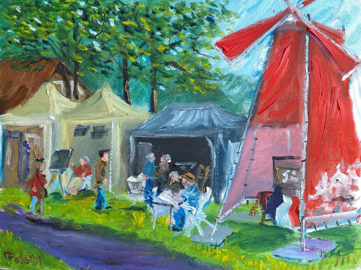 Impressionistic Portrait Oil Painting By Dmitry Fedorov, 16 X 12, Red Windmill At Art Festival, Original Artwork