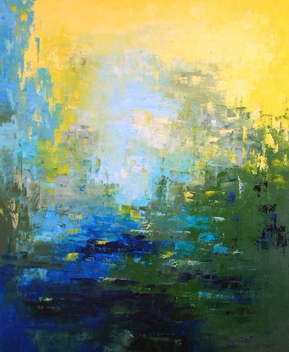Abstract Landscape Oil Painting By Saroja Van Der Stegen, 25 X 30", Hope - Yellow (Ref#:1067-20F), Original Artwork