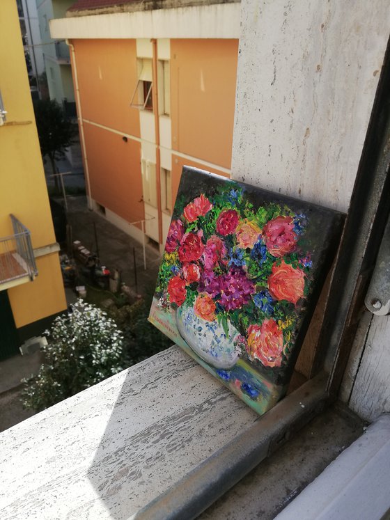 Colorful Floral Bouquet on black background / Small Oil Painting 8x8in (20x20cm)