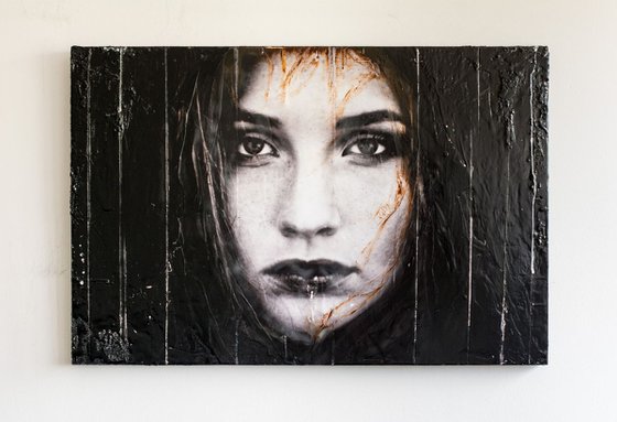 "Under the skin" (75x50x3cm) - Unique portrait artwork on wood (abstract, portrait, gouache, original, painting, coffee, acrylic, oil, watercolor, encaustics, beeswax, resin, wood, fingerpaint)