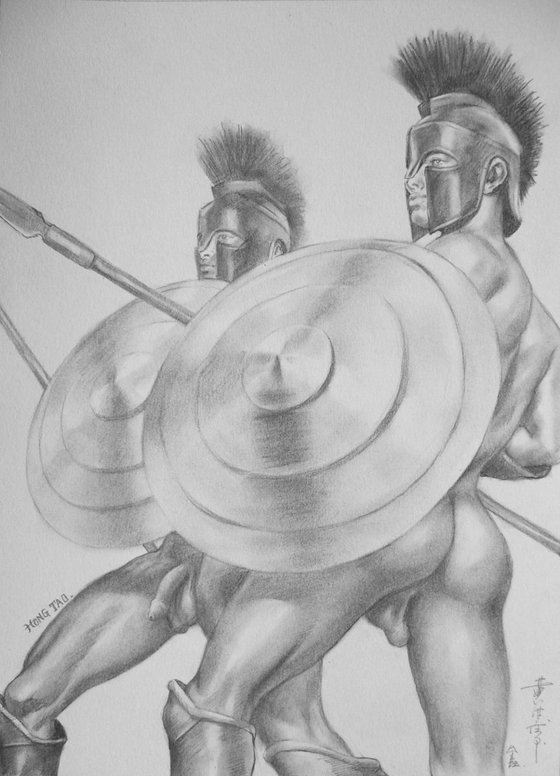 ORIGINAL DRAWING PENCIL  ART MALE NUDE GAY LOVER MEN ON PAPER#16-7-4