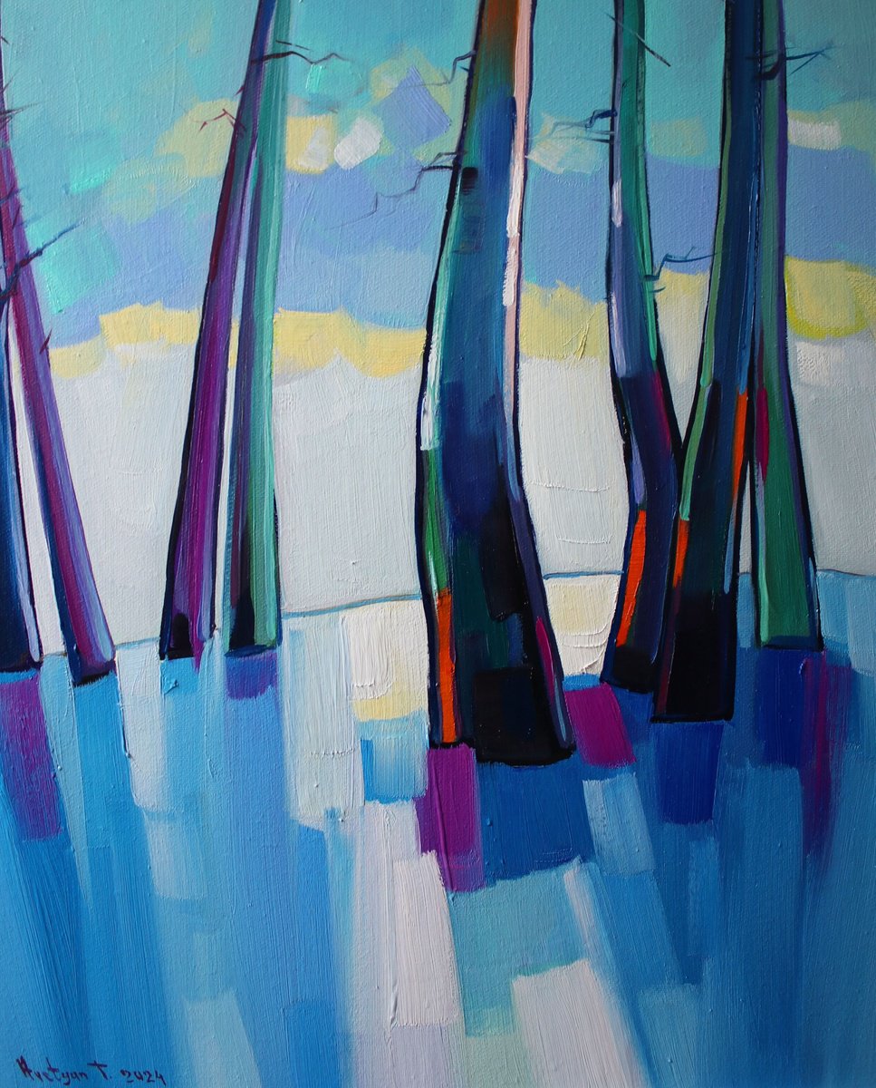 Impressionistic Landscape Oil Painting By Tigran Avetyan, 16 X 20", Winter Trees, Original Artwork