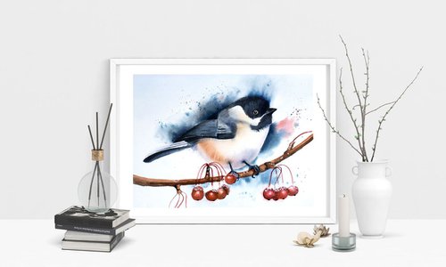 Chickadee bird Original Watercolor by Olga Tchefranov (Shefranov)