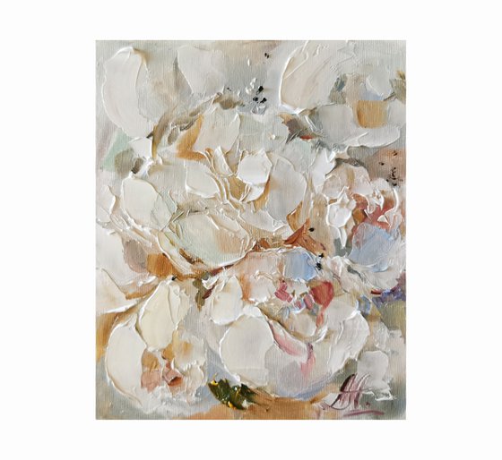 White Peonies flowers painting, Miniature painting on canvas