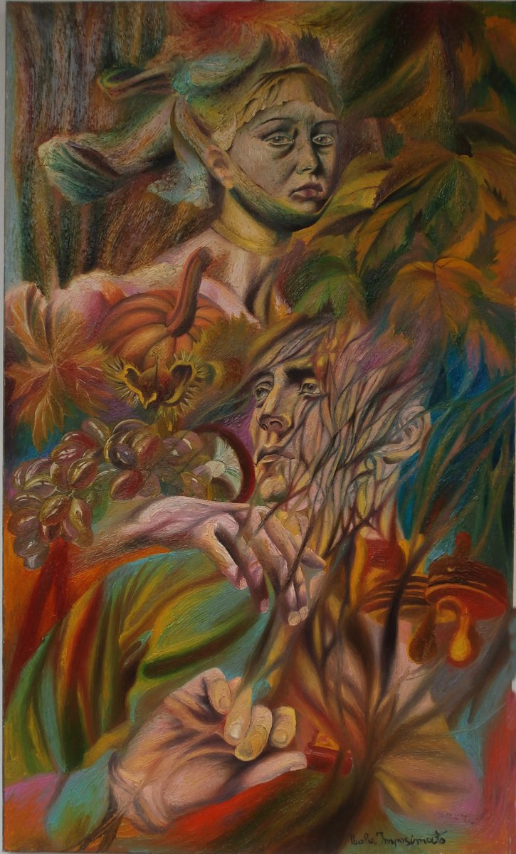 Expressive Portrait Oil Painting By Paola Imposimato, 24 X 39", Shapes Of Autumn, Original Artwork