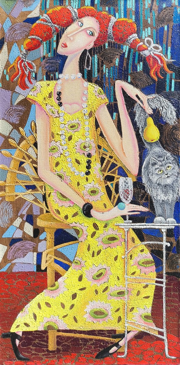 Surrealistic Portrait Oil Painting By Anahit Mirijanyan, 16 X 31, Lady, Cat And Pear, Original Artwork