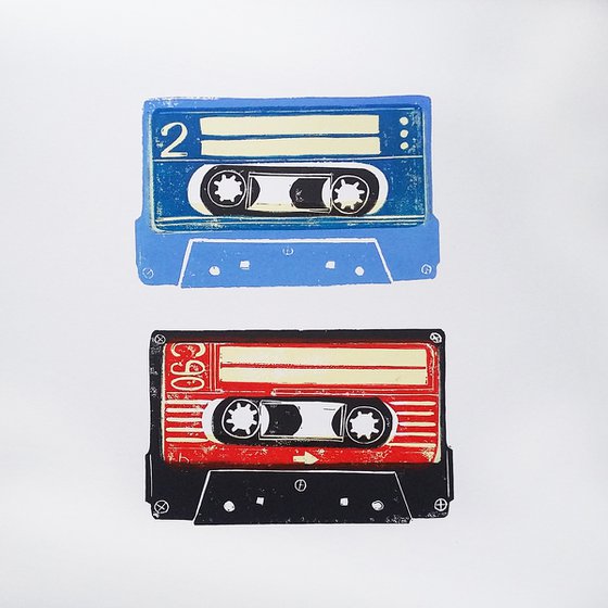 Linocut tapes duo #7 (cassette tapes, retro music, 70's, 80's rock culture)