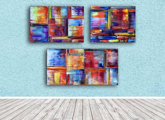 "Triplets" - Save As Series - Original Extra Large PMS Abstract Triptych Oil Paintings On Canvas - 66" x 48"