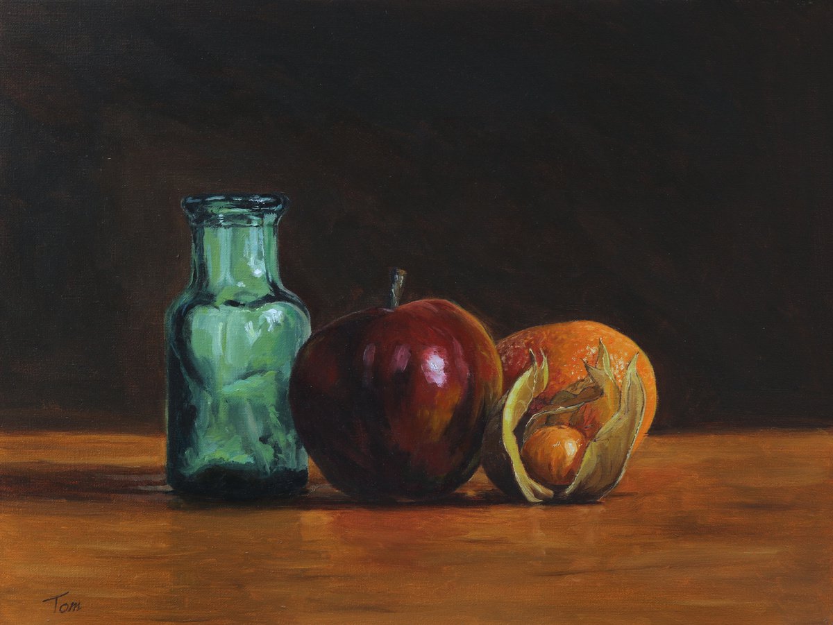 Small green bottle with fruit by Tom Clay