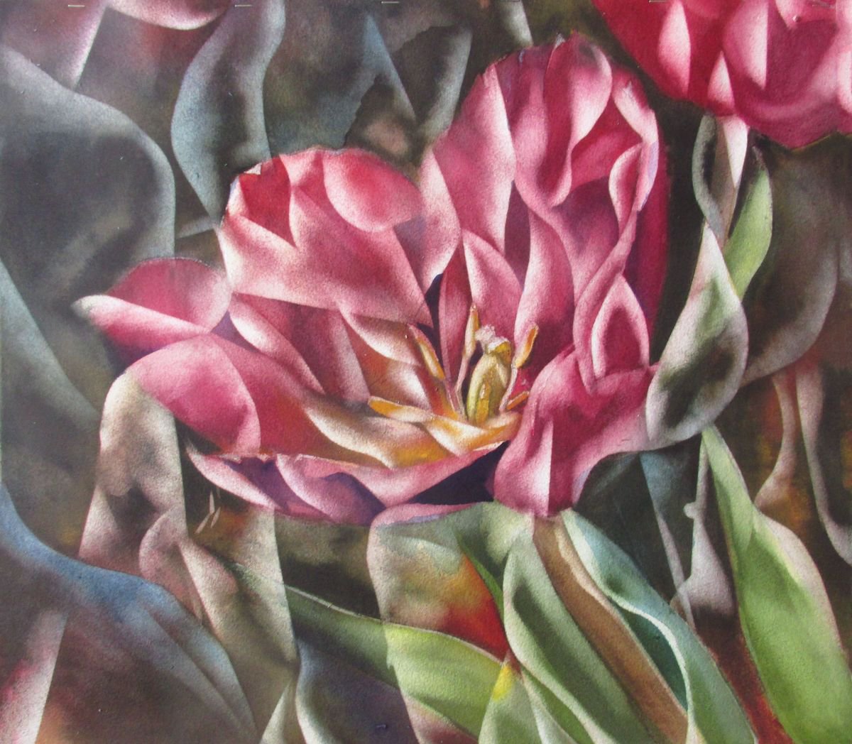 Abstract Botanical Watercolour By Alfred Ng, 21 X 18, Tulip Abstraction, Original Artwork