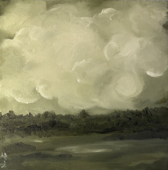 Clouds on the green foreground horizon