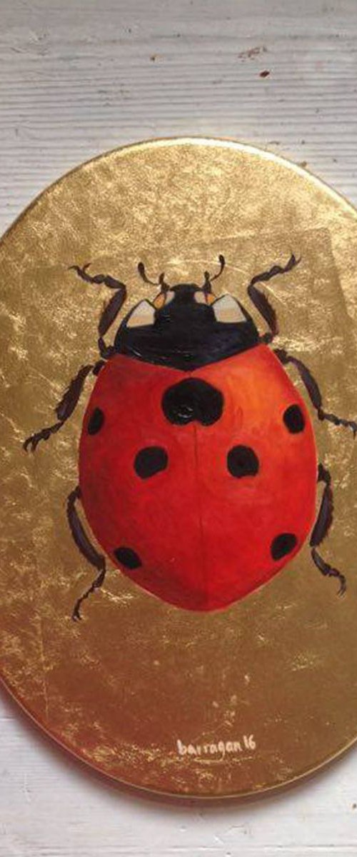 My Big Golden Ladybug Oil Painting on Oval Lacquered Golden Leaf Canvas Frame by Caridad I. Barragan