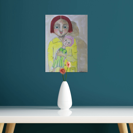 Girl and her doll - vintage girl figurative young lady yellow