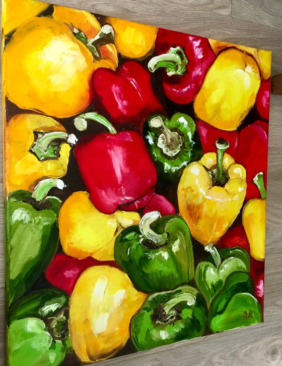 Peppers , oil painting, still life. Palette knife painting on canvas.