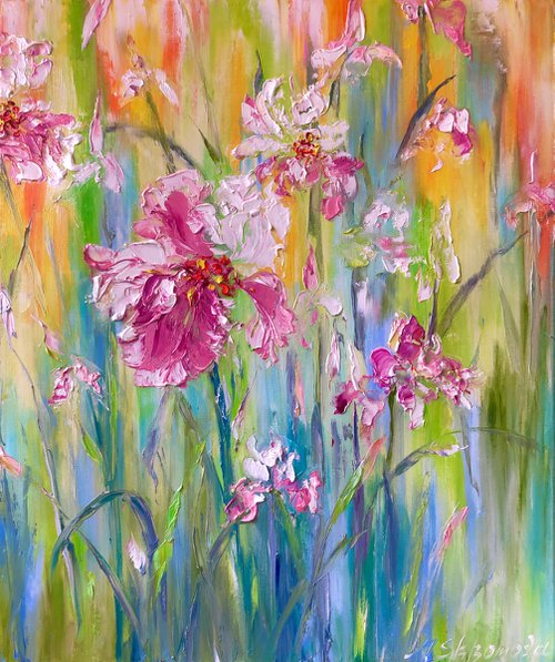 TENDERNESS - Optimistic. Delicate irises. Botanical composition. Pink bud. Abstract flowers. Volume. Delicious. by Marina Skromova