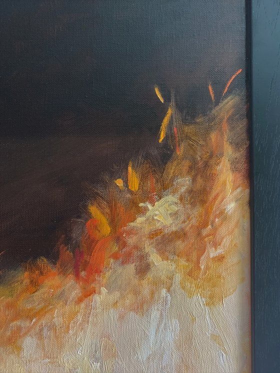 Autumnal Bonfire-Impressionist beach figure oil painting. 40x50cm framed ready to hang.