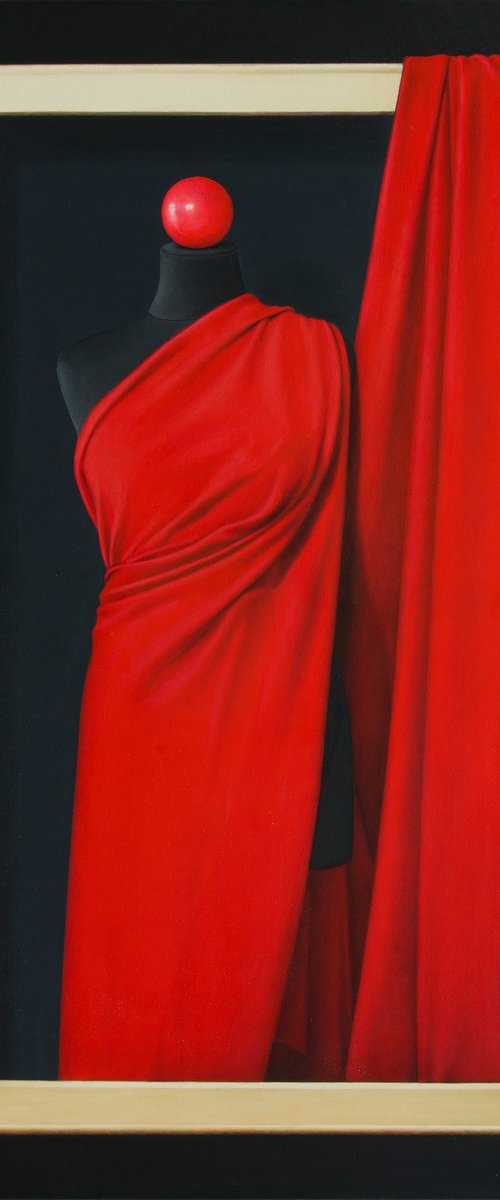 Still life in hyperrealism "Just Red Fabric on a Black Mannequin..." by Nataliya Bagatskaya